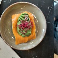 Pan con queso vegano, no salmón ahumado y aguacate at Velada in Barcelona