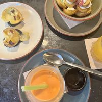 Artichoke flowers, patatas bravas and gazpacho   at Velada in Barcelona