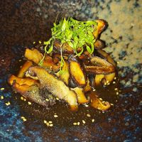 Smoked mushrooms with eggplant salad  at Five Senses in Santorini