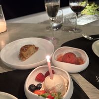 Cashew ice cream, sorbet, and apple pit pastry   at Five Senses in Santorini
