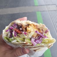 With falafel and no-chicken pieces at Vitrine Imbiss in Innsbruck