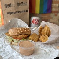 Chicken Burger and Waffle Fries with House Sauce at Soy Boys in Toronto