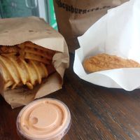 House sauce ,chicken tenders, and a massive amount of waffle fries. You may want to get two sauces :) at Soy Boys in Toronto