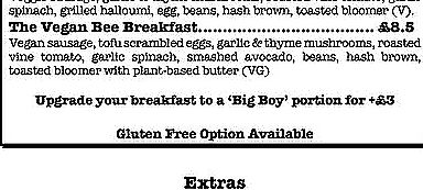 Menu at The Buzzy Bee in Manchester