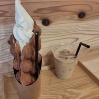 Soft serve and waffle, iced latte at Soy Stories in Fukuoka