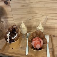 Rice flour waffle with strawberry ice-cream and cocoa  at Soy Stories in Fukuoka