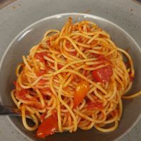 Spaghetti with grilled cherry tomatoes at Aeoli Restaurant in Paros