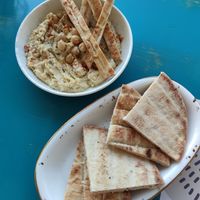 Hummus with pita at Aeoli Restaurant in Paros