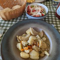 Vegan stew, with bread, vegan butter and salad at Raphael's Restaurant in Ayia Napa
