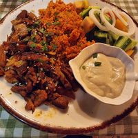 Afelia - marinated in red wine vegan meat at Raphael's Restaurant in Ayia Napa