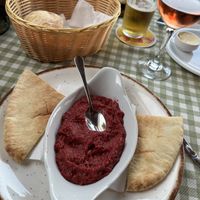 Pita with beetroot hummus   at Raphael's Restaurant in Ayia Napa