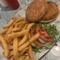 Veggie burger and chips   at Santa Marina Fish & Chips in Paphos