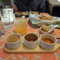 Soup flight, bread basket, peach mocktailI at V-Spot in New Hope