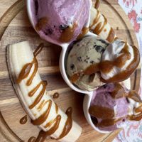 Banana split with blueberry and mint chip ice cream    at V-Spot in New Hope