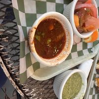 Vegan birria sauce + pickled veggies   at Camp Taco at Lost Forty Brewing in Little Rock