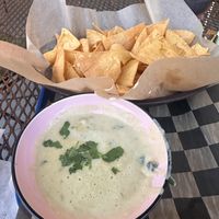 Vegan cheesy sauce + chips  at Camp Taco at Lost Forty Brewing in Little Rock