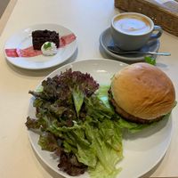 Salsa Avocado Burger set with a side salad, a brownie, and a hot oat milk cafe latte  at Whitely Kyoto in Kyoto