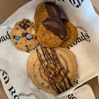 Chocolate Chip Cookie Dough Cookie, GF Graham Cracker Cookies & GF Lost Luggage Cookie…my fave!  😛 at All Roads in Jefferson