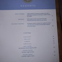 Menu April 2024 - no suitable vegan desserts sadly as crumble contained butter and ice cream constrained milk   at Karma Kayak in 