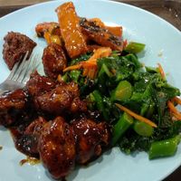 No rice. Mock fish, mock chicken and green veg. at SuManYuan 素满园 - People's Park Centre in Central Singapore