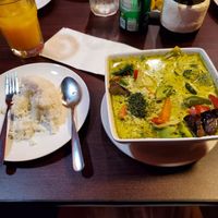 Vegetable Green Curry and rice completely vegan, their spice scale is 1-3 level and medium was hot for me on this one but I'm not a spice master at Rassame in Greensburg