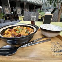 Mapo tofu + rice and the view from the patio  at Dancing Noodles in Vienna