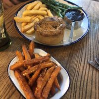 Pie & sweet potato fries (sweet potato fries listed as veggie)   at Royal Oak in Ambleside