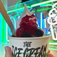 Vegan soft serve with raspberry sauce and vegan brownies at Tofino Licks in Tofino