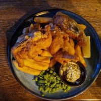 Delicious vegan fish and chips. Sadly I ate the patron peppers too quickly to get a photo.... at The Royal Castle in Dartmouth