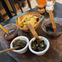 Chips and different salsas   at Miss DELEITES in Cozumel