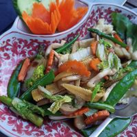 Pan fried vegetables in soja sauce and rice at Thai Square in Waterloo