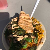 Fried Chicken Bowl with Jambalaya, 1/2 greens & 1/2 corn - PHX Vegan Fest; Feb 2017 at Southern Fried Vegan BBQ in Los Angeles