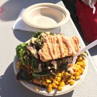 Fried Chicken Bowl with Jambalaya, 1/2 greens & 1/2 corn - PHX Vegan Fest; Feb 2017 at Southern Fried Vegan BBQ in Los Angeles