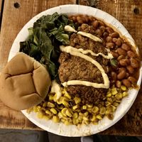 Fried chick’n, beans, collard greens, corn, roll  at Southern Fried Vegan BBQ in Los Angeles