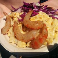 Bowl of vegan shrimp, mac & cheese, red cabbage/salad at Southern Fried Vegan BBQ in Los Angeles