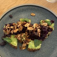 Beet compote on avocado toast with hazelnuts and shaved almonds- usually a winter seasonal option- so good  at Nemesis in North Vancouver
