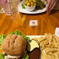 Hamburguesa Vegarden with fries, Tamal Criollo at Vegarden in Medellin