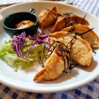 Golden dumplings at Neko Vegan House in Penang