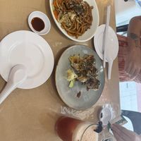 Udon noodles, “tuna” roll, and nutmeg drinkk  at Neko Vegan House in Penang