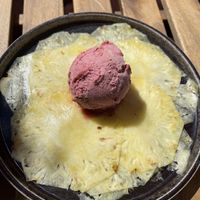 Carpaccio d’ananas et sorbet cerise  at La Demoiselle in Le Sauze-du-lac