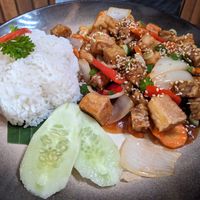 Tofu and tempeh with rice at Natnat Thai Comfort Food in Amed