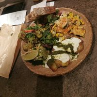 Herb tofu with smashed potatoes, quacamole and sweet corn at Honest Greens - Gran Via in Madrid