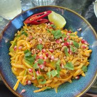 Udon noodles with veggies and peanut butter sauce at Kohalik in Tallinn