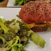 Vegan burger with salad at l'Autre Rive in Berrien