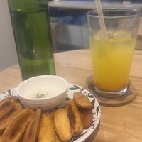 Fried banana+garlic souce and tumeric-lemon drink  at The Vegan Shack in Panglao