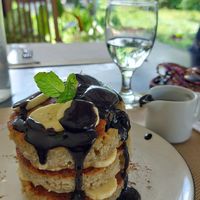 Vegan Oat pancakes with extra banana and chocolate sauce at Lockdown Kitchen in 