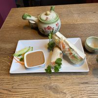 Summer roll with tofu and peanut sauce. Jasmin tea.  at Quê Restaurant in Dusseldorf