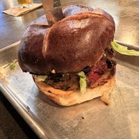 Veggie burger with pretzel bun  at Seward Brewing Company in Seward