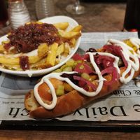 Moving mountains hot dog and dirty fries at Ambleside Tap Yard in Ambleside