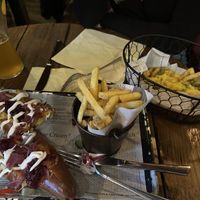 Vegan hotdog and dirty vegan fries   at Ambleside Tap Yard in Ambleside